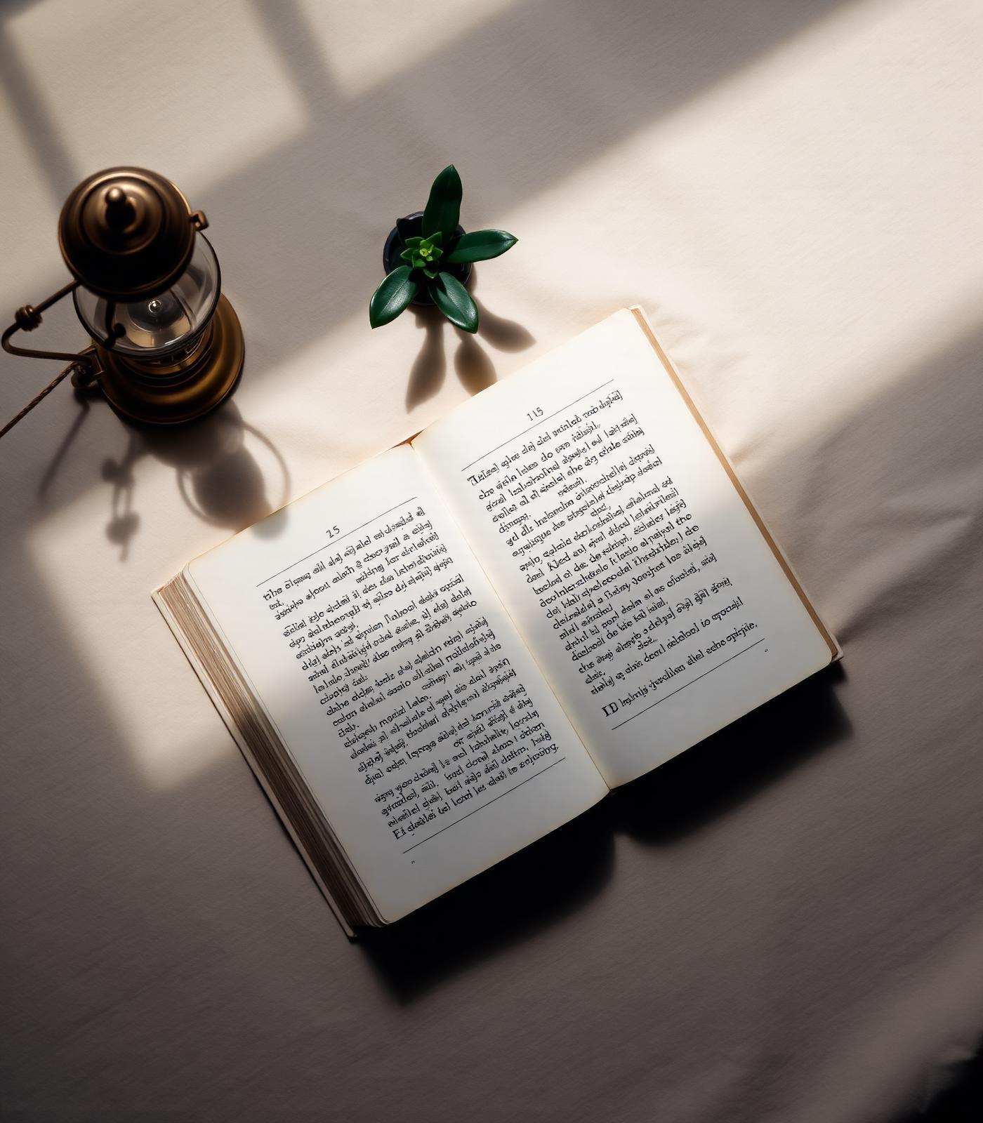 An open manuscript beside a brass lamp